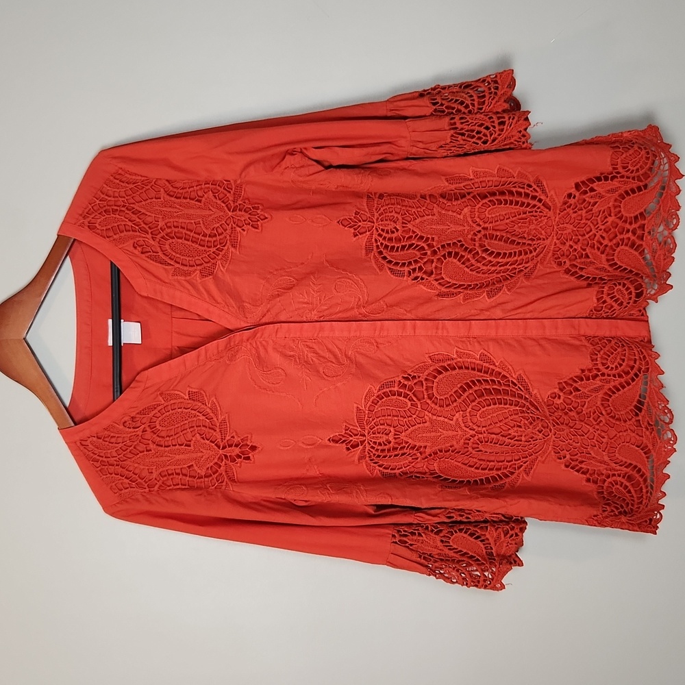 Chico's Button Up Burnt‎ Orange Cotton Lace Tunic Size 12/14